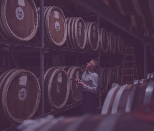 Man in wine barrel storage